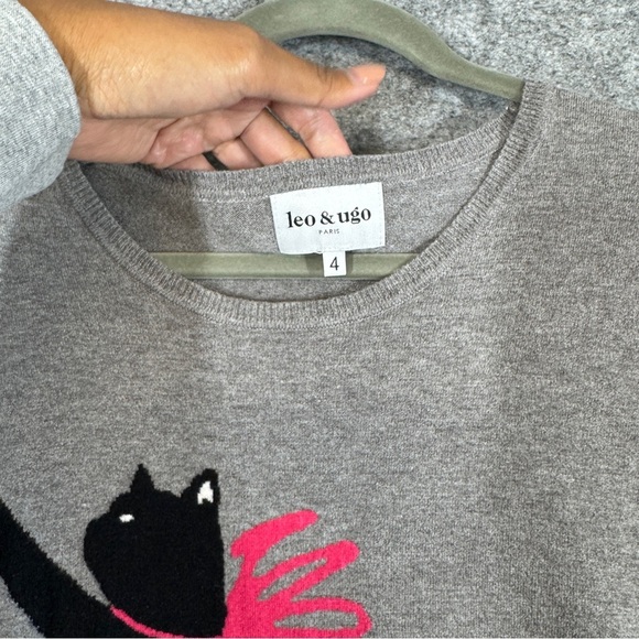 Leo & Ugo Paris Gray Sweater Women’s Black Cat Bow Graphic Long Sleeve Size 4 - Picture 4 of 15